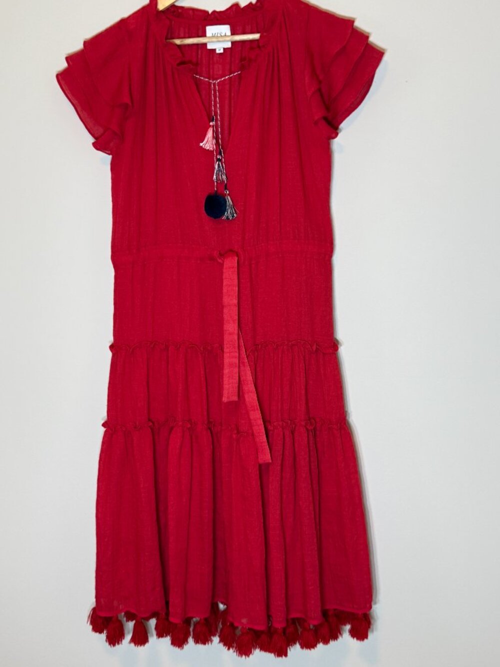MISA Los Angeles Red Tiered Ruffle Tassel Midi Dress Size M